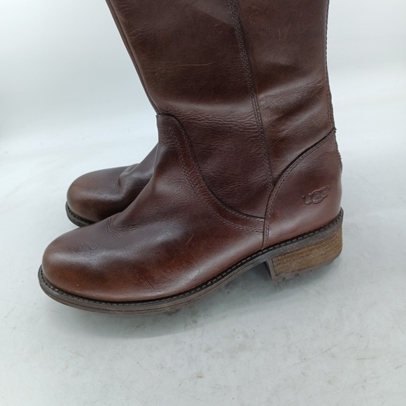 UGG Simmens Brown Leather Tall Riding Boots Womens 6.5 Back Zip 1006038 s15 - Picture 2 of 13
